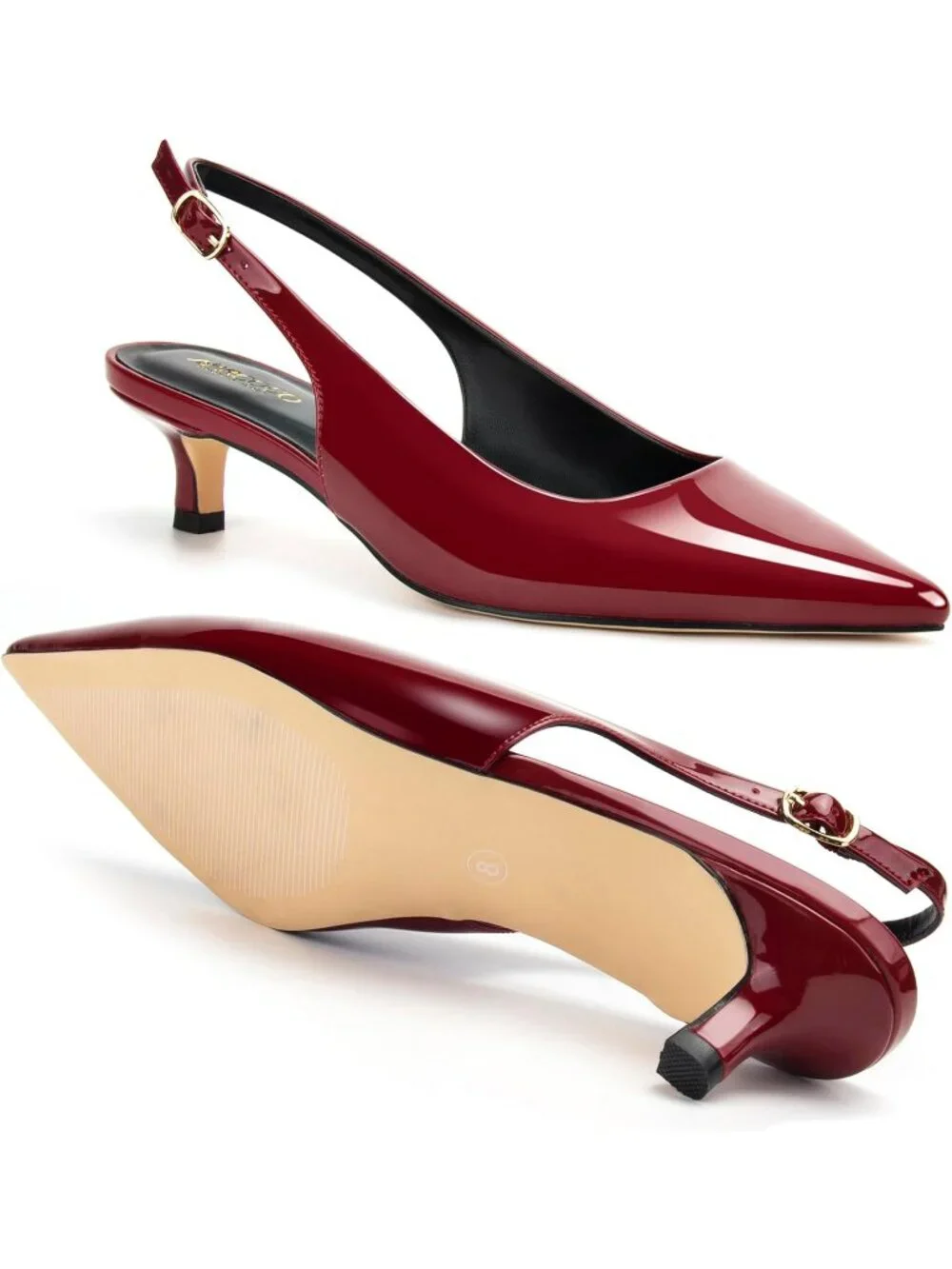 Women's Wine Red Kitten Heel Slingback Pointed Closed Toe Ankle Strap Shoes